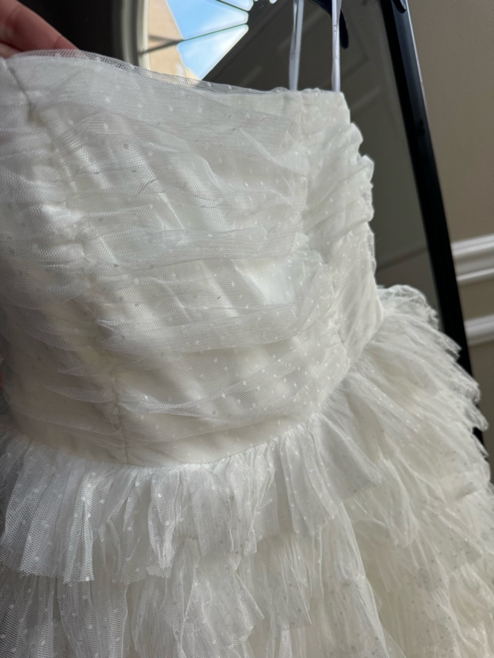 NWT Lulus Prepare to Party White Mesh Swiss Dot Ruched Tiered Tulle Midi Dress - Picture 7 of 8